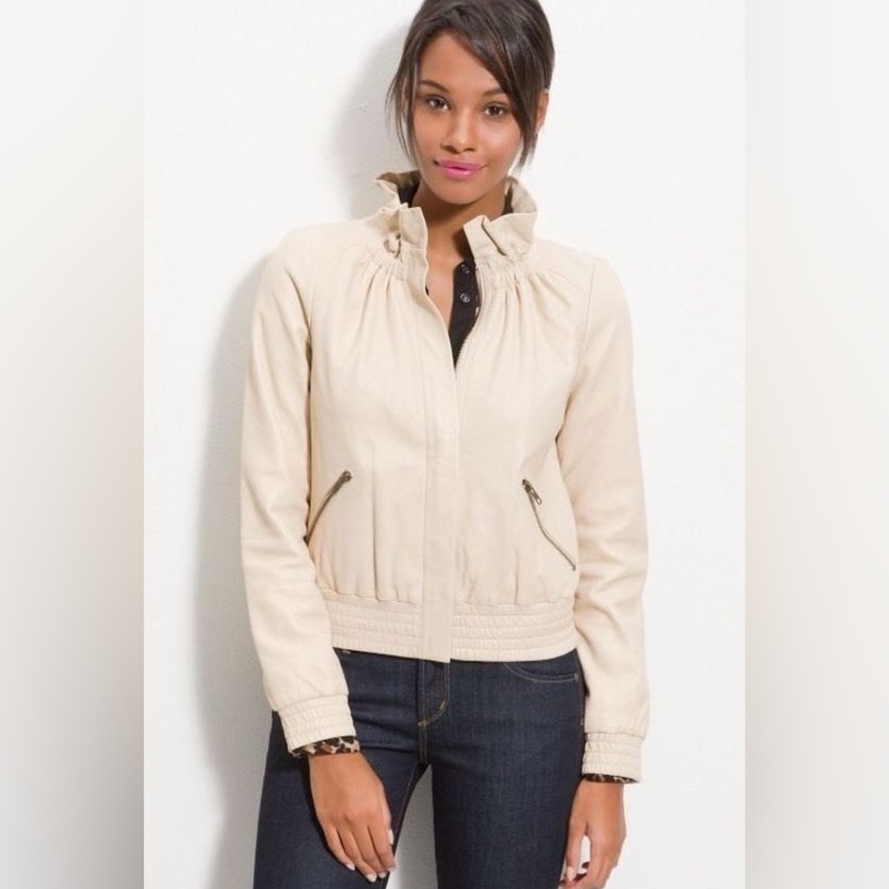 Hinge Lambskin Leather Ruffle Collar Designed in Seattle Jacket Ecru Cream